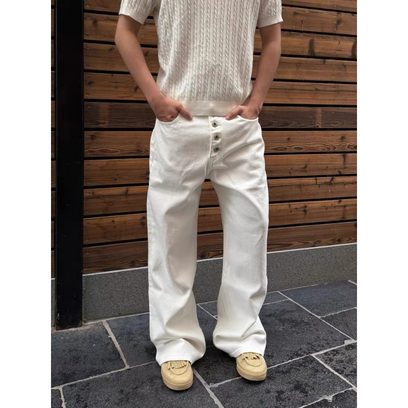 Men'S Accessories For Jeans - กางเกงยีนส์ขาบานสีขาวทรงหลวมเอวสูงติดกระดุมสำหรับผู้ชาย สไตล์ลำลองใส่ได้ทุกวัน เหมาะกับแฟชั่นสตรีทแวร์