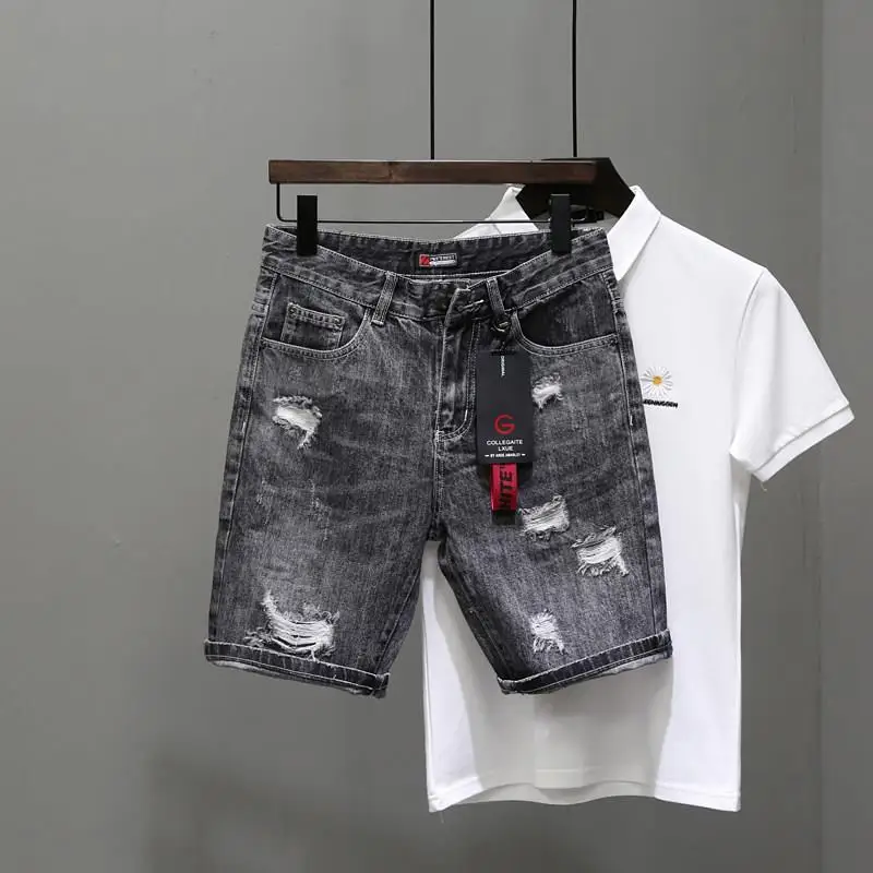 Men'S Accessories For Jeans - กางเกงยีนส์ขาสั้นผู้ชายสีดำเทา celana pendek DENIM ผู้ชายมีกระดุมดีไซน์เนอร์ Emo